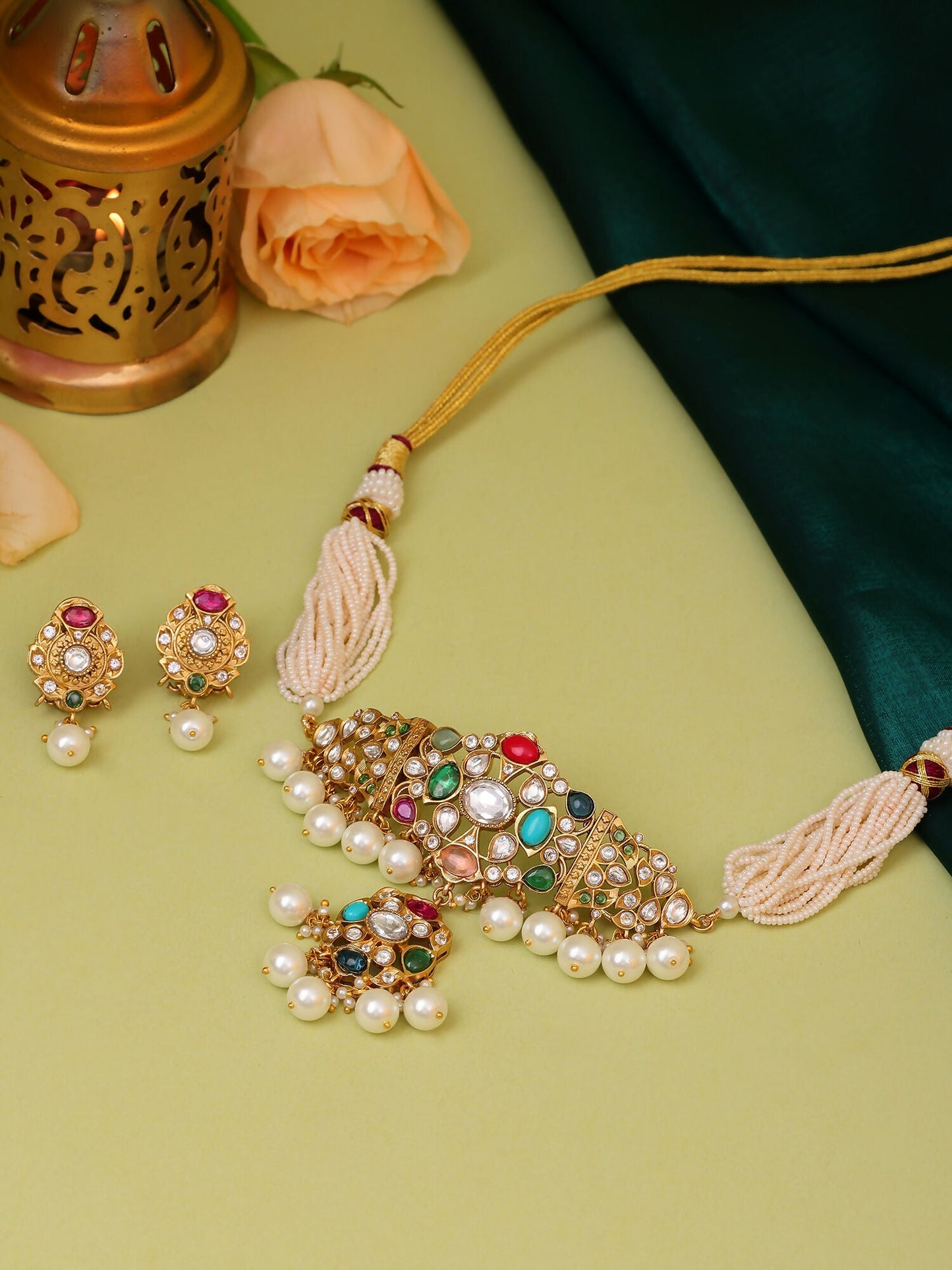 Ruby Raang Gold Polished Kundan Work Multi-Color Navratan Kundan Choker With Stud Earrings | Swadesiicart