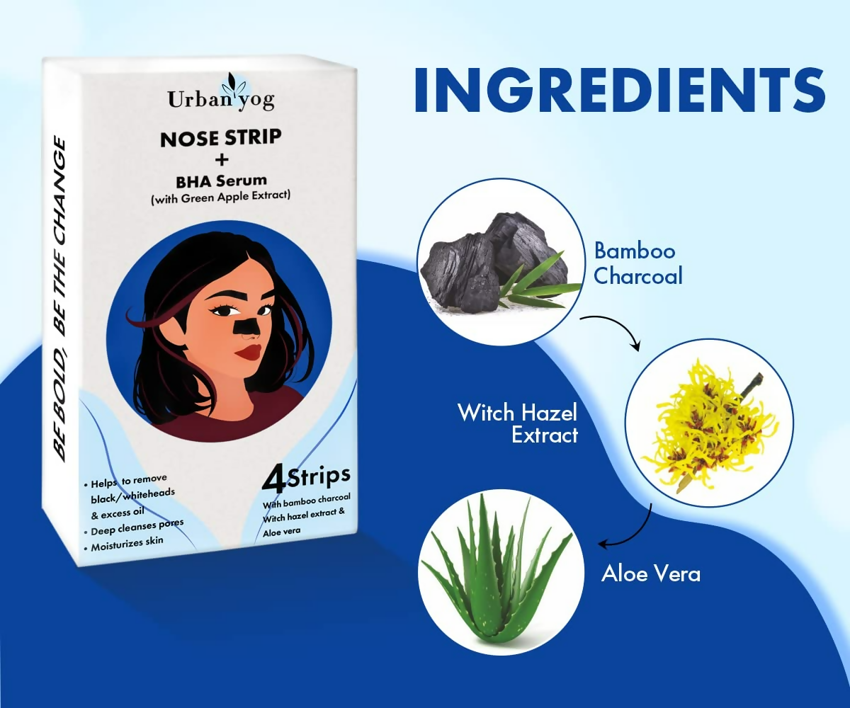 Urban Yog Nose Strip for Blackheads & Whiteheads Removal (4 Strips) + BHA Serum | Swadesiicart