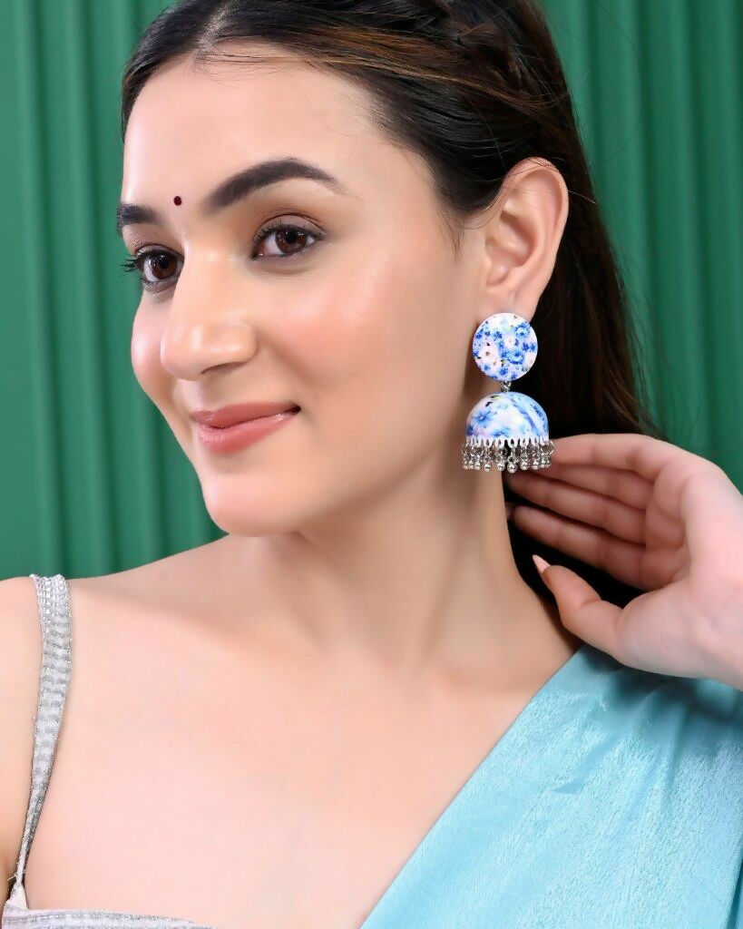 VOJ Set Of 2 Earrings- Blue Printed Jhumka With Black AD Studded Drop Earrings - Swadesiicart
