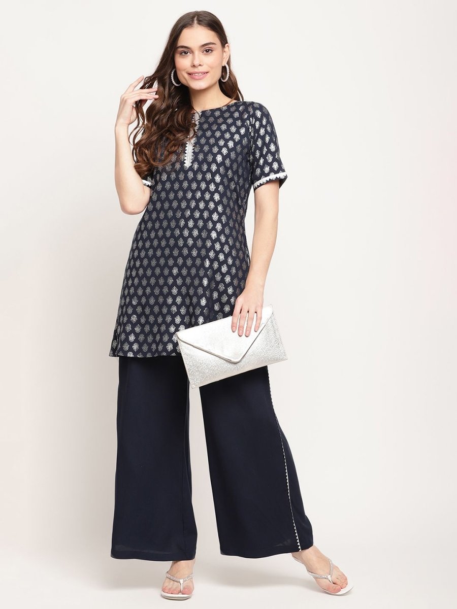 Ahalyaa Women's Blue Rayon Foil Print Top With Palazzo Set | Swadesiicart