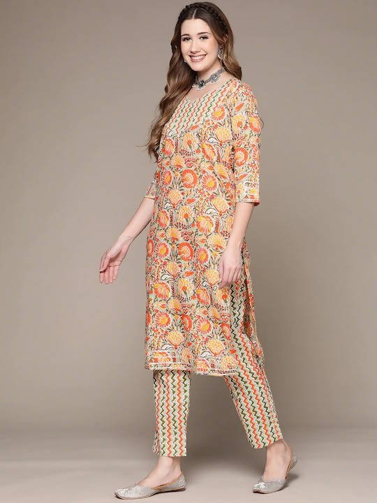 Anubhutee Green Floral Printed Sequinned Pure Cotton Kurta with Trousers & Dupatta | Swadesiicart