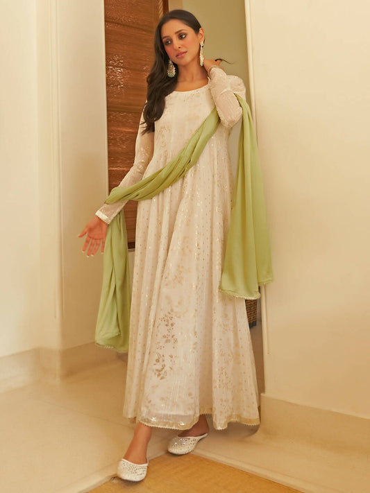 Janasya Women's White Chiffon Lurex Foil Printed Festive Anarkali Kurta Set | Swadesiicart