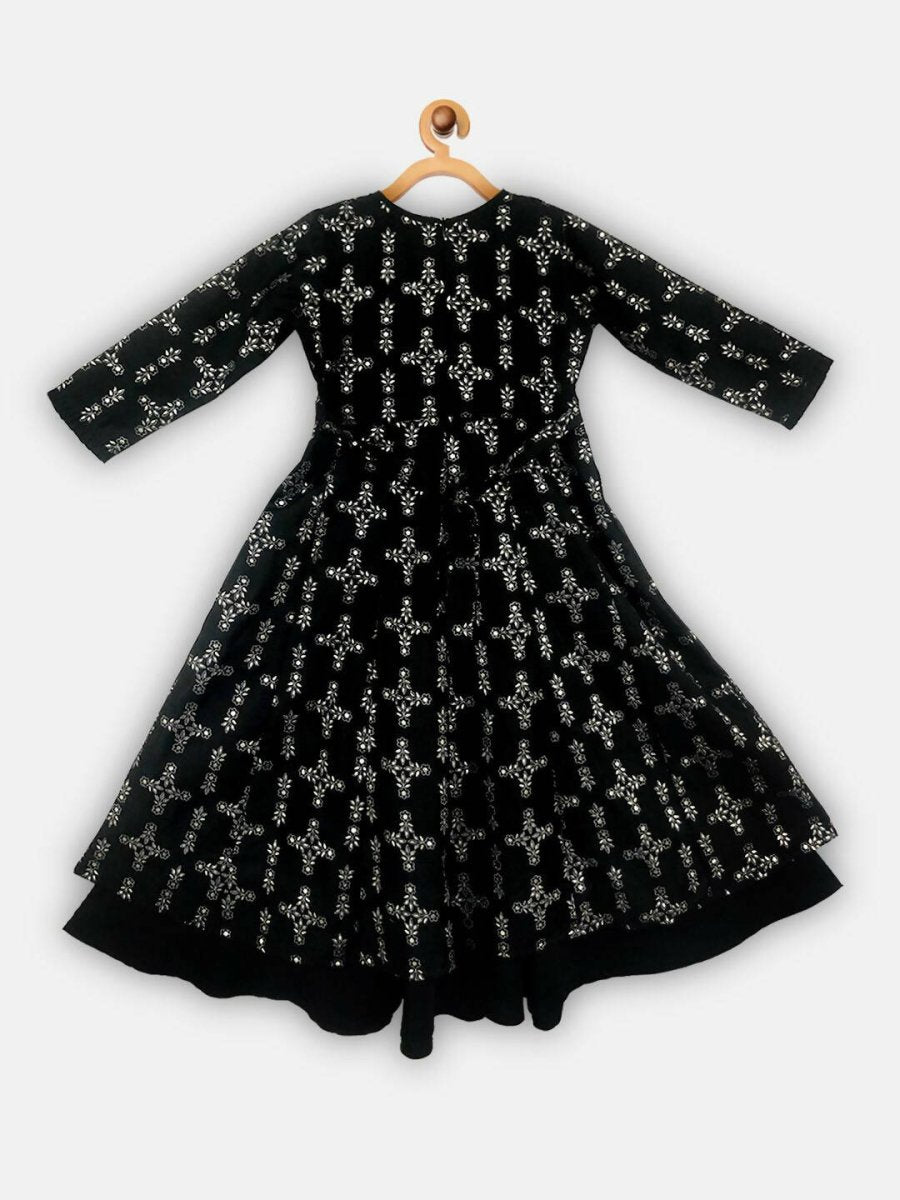 Ahalyaa Black Chanderi Gold Foil Printed Kids Dress For Girls | Swadesiicart