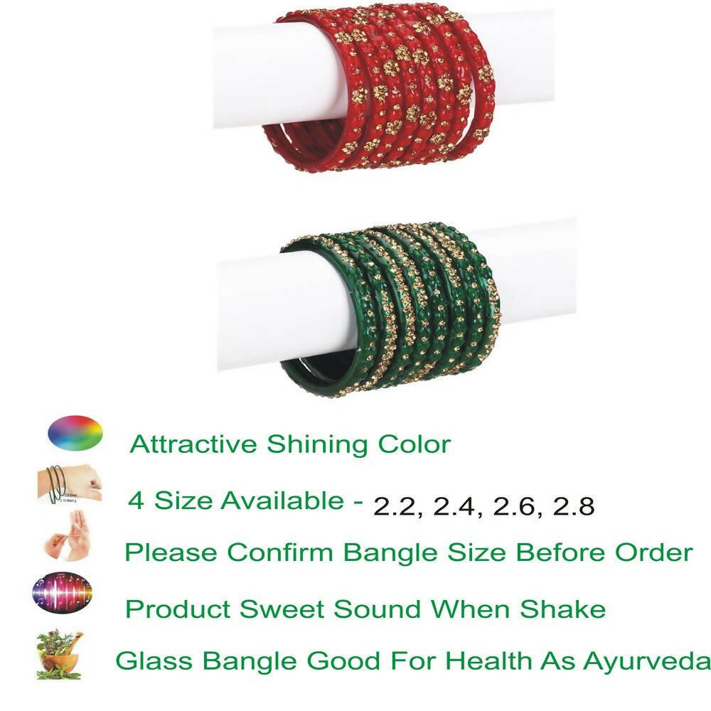 Afast Bridal Wedding & Party Fashionable Colorful Glass Bangle/Kada Set, Pack Of 16 - Red, Green - Swadesiicart