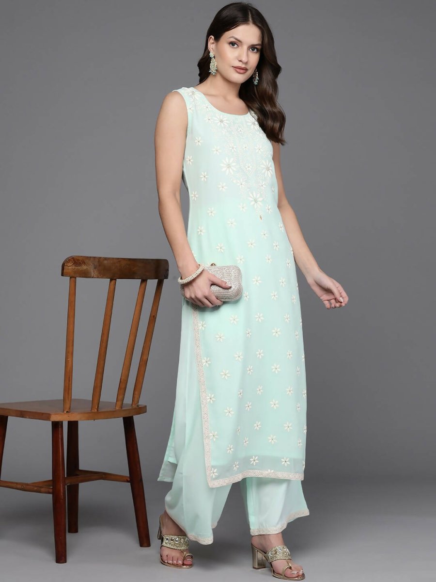 Ahalyaa Women Floral Embroidered Regular Kurta with Palazzos - Blue Color | Swadesiicart