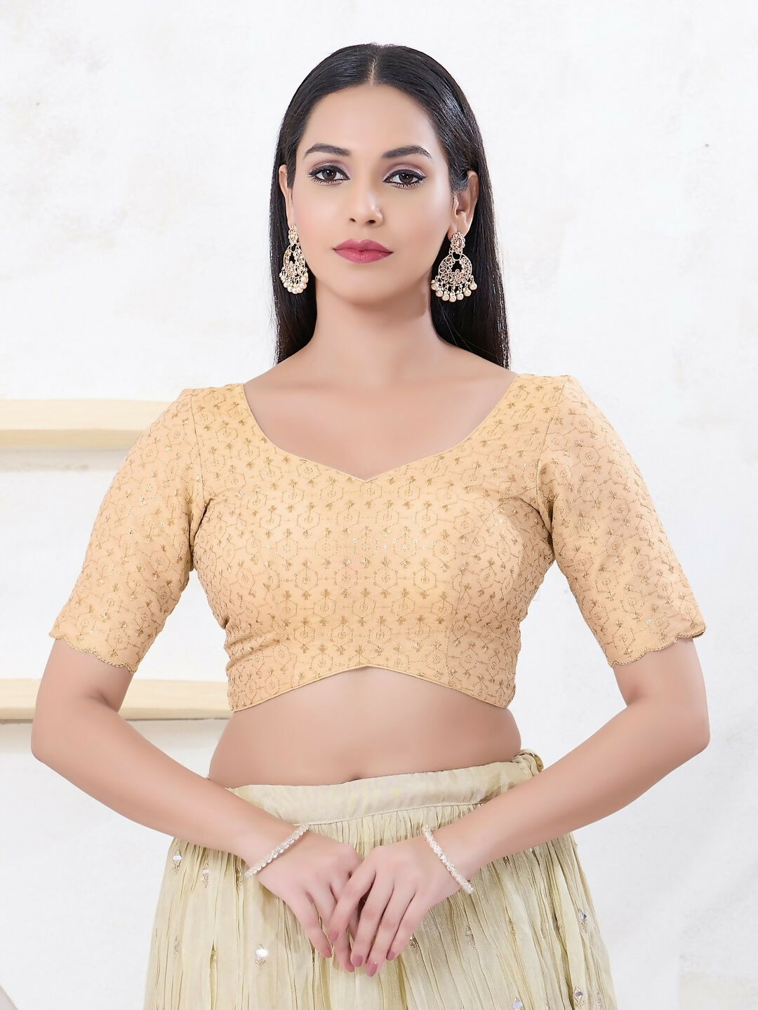 Joban Fashion Light-Gold Tissue Elbow Sleeveless Back Open Blouse - Swadesiicart