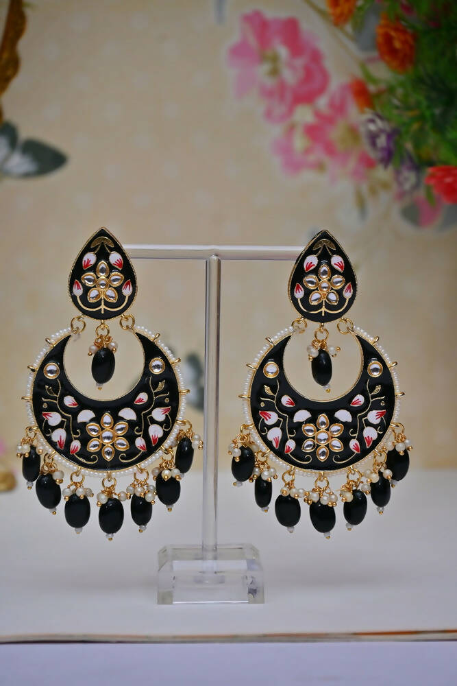 Gold-Polished Brass & Pearl Dangle Women Black Hand Painted Meenakari Chandbali Earrings By House of Ree - House of Ree