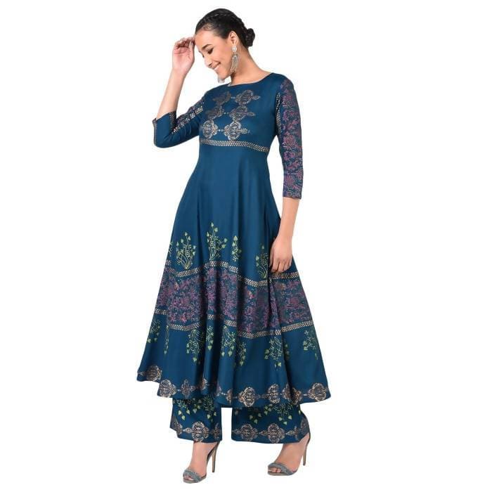 Aniyah Rayon Floral Print Flared Kurta Blue (AN-160K)