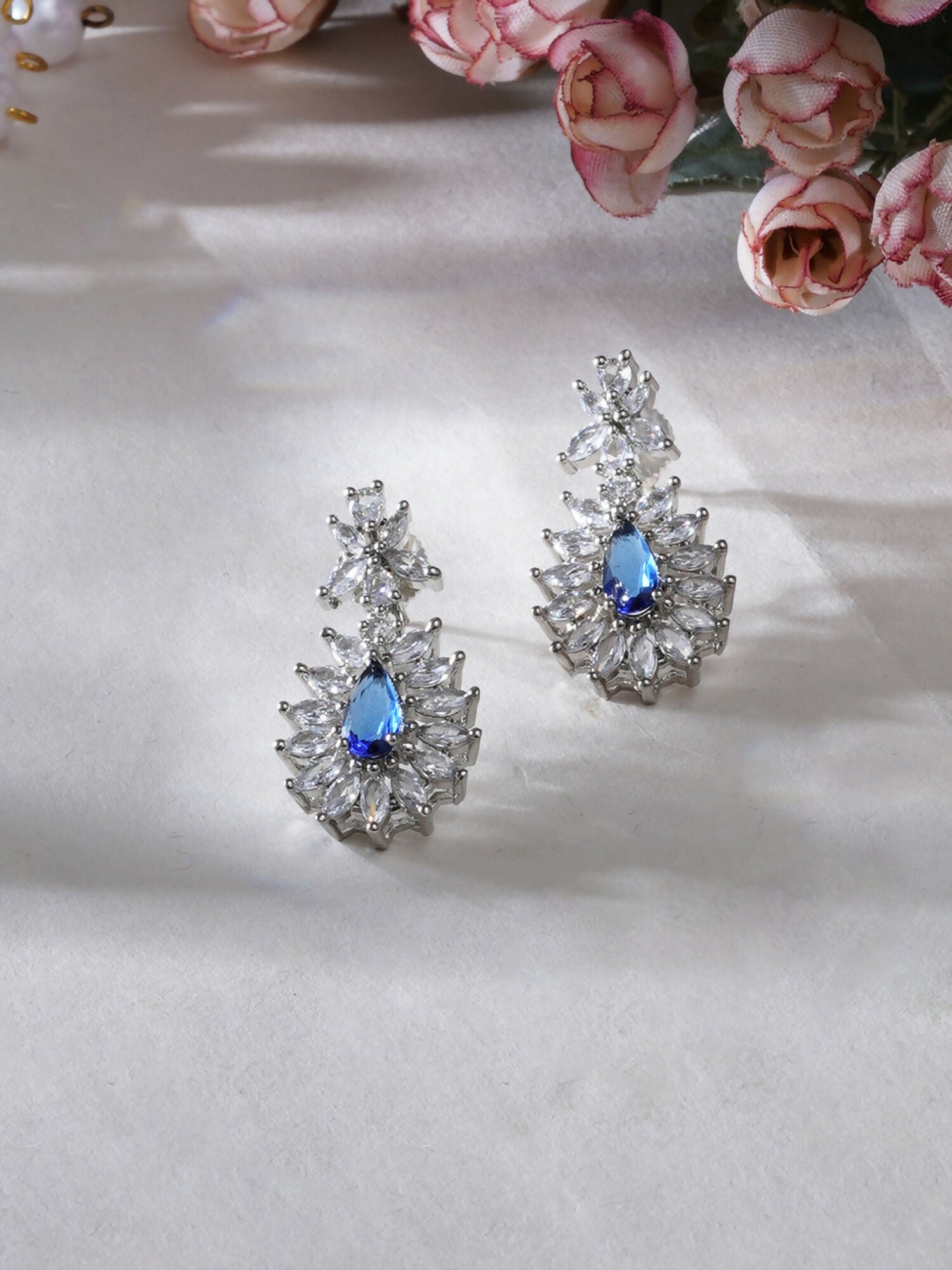 Long kundan earring (Blue) - Ruby Raang - Swadesiicart