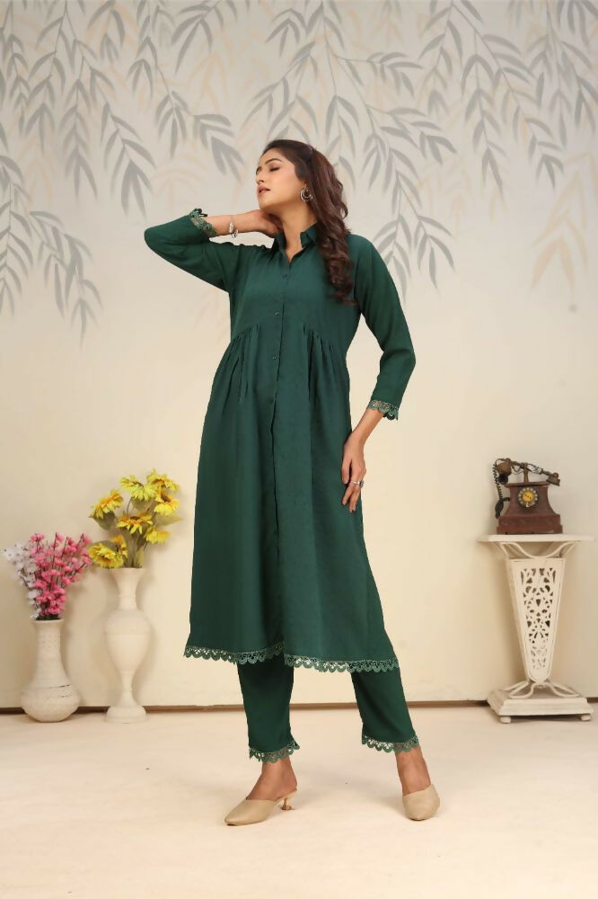 Jyoti Fashion Women's Bottle Green Rinkal Cotton Plain with Side Pocket Kurtis & Sets | Swadesiicart