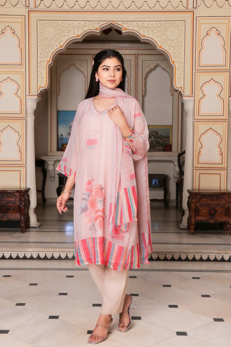 Vaasva Women Beige Tabby Slik Print & Embroidered Kurta, Pant & Dupatta set | Swadesiicart