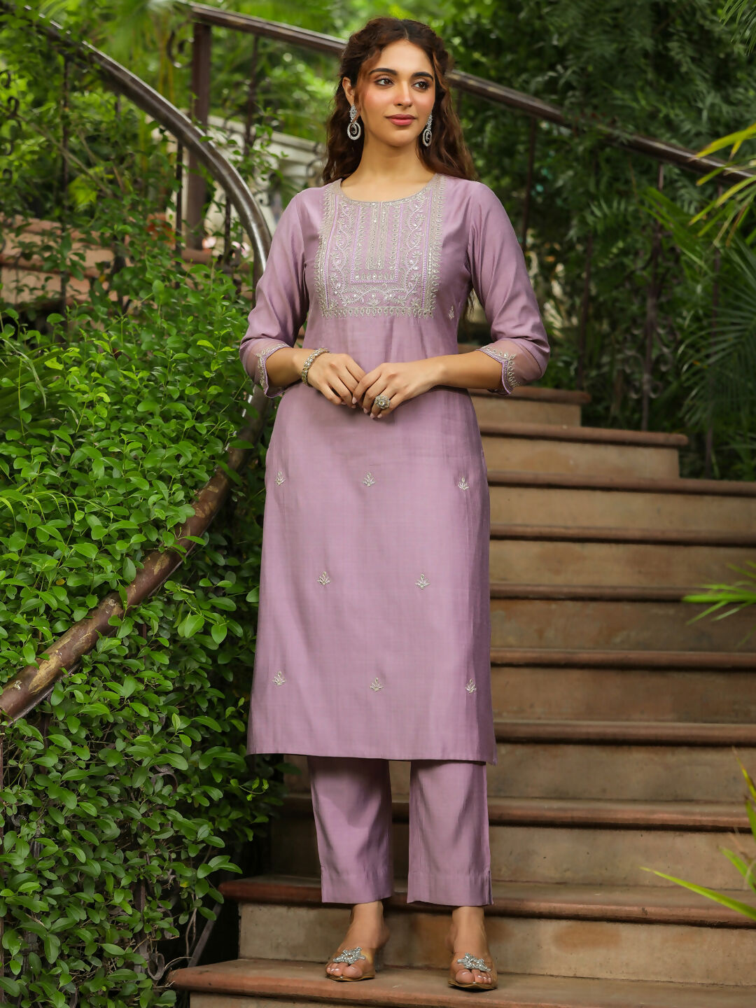 Janasya Lavender Silk Blend Solid Kurta,Bottom & Dupatta | Swadesiicart