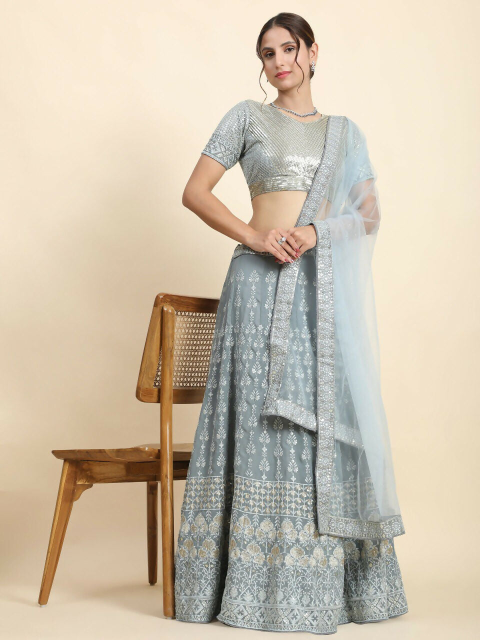 Jyoti Fashion Mesmerizing Grey Faux Georgette 3MM Sequins with Thread & Jari Embroidery Lehenga Choli with Dupatta | Swadesiicart