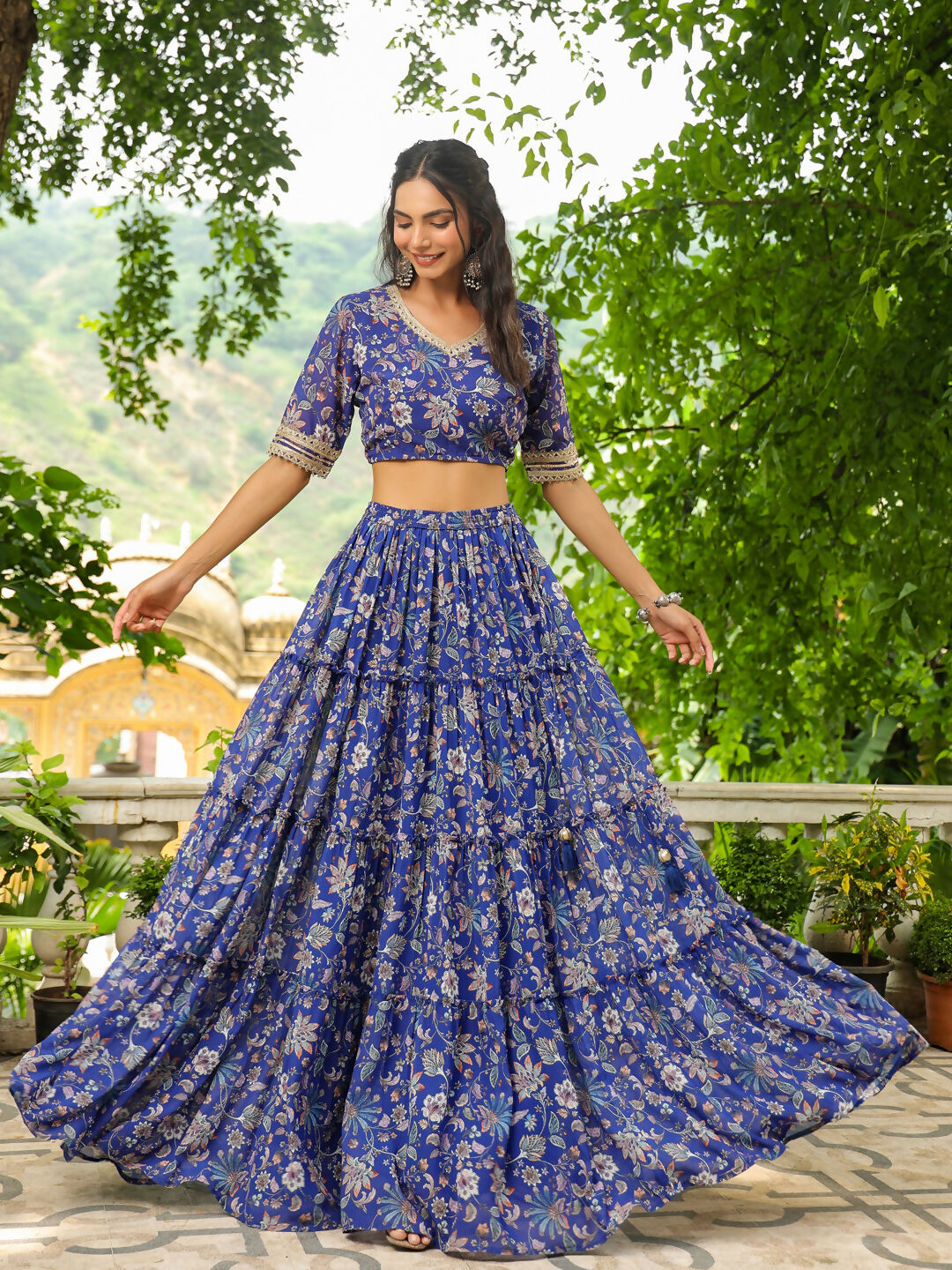 Janasya Blue Georgette Floral Lehenga Choli Dupatta | Swadesiicart