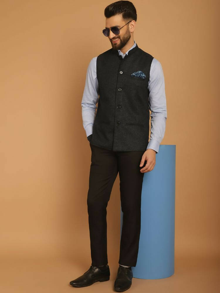 Even Apparels Pure Wool Nehru Jacket - Blue | Swadesiicart