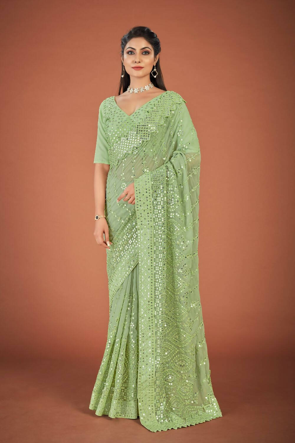 Vamsee Green Georgette Designer Saree - Swadesiicart
