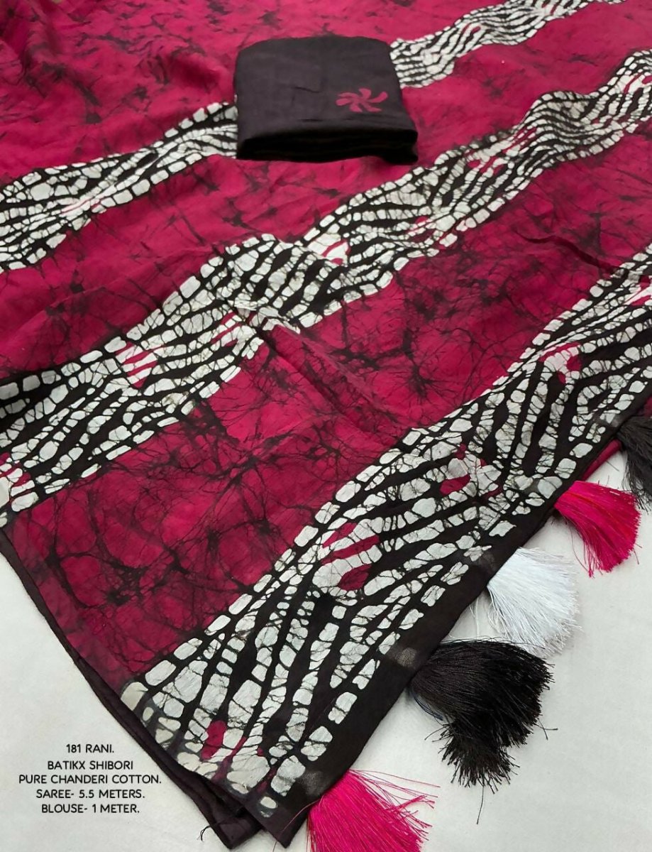 Arfa Fashion House Rani Pink Pure Chanderi Cotton Batik Printed Saree