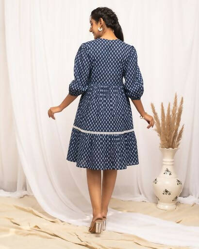 FIORRA Women's Blue Cotton Floral Printed Western Dress - Swadesiicart