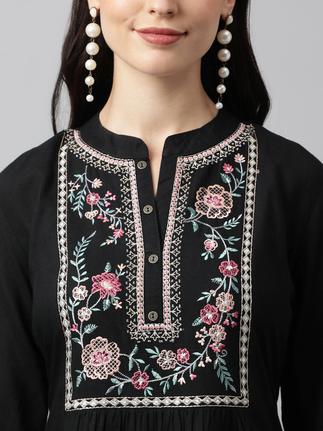 Black Rayon Yoke Embroidered A-line Top - Tarini - Swadesiicart