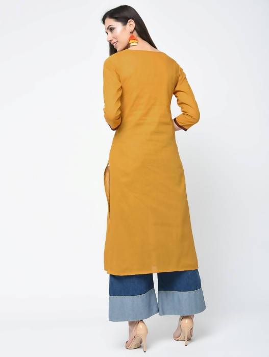 Aniyah Cotton Straight Mustard Color Kurta With Patchwork (AN-105K) - Swadesiicart
