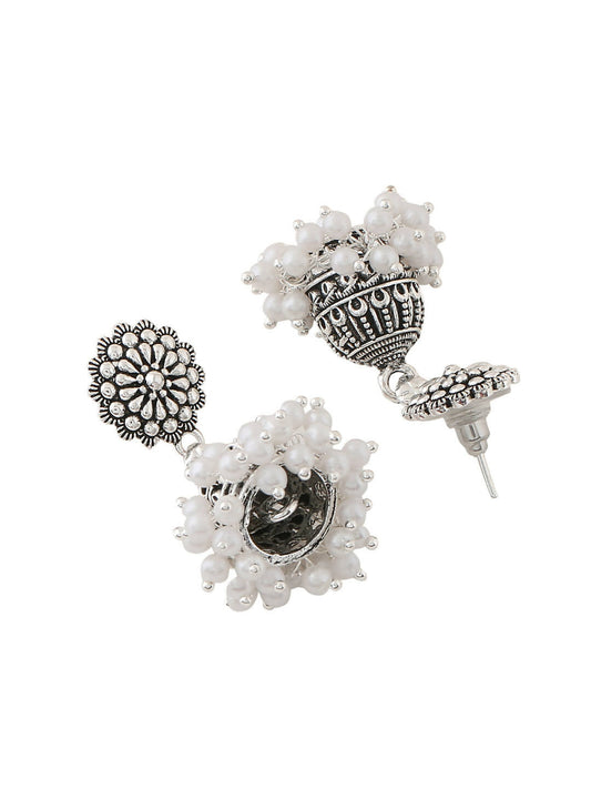 NVR Women Silver Toned Dome Shaped Jhumkas Earrings | Swadesiicart