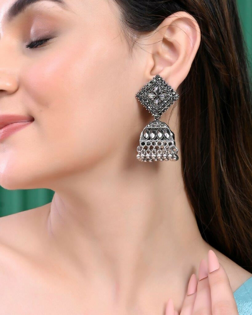 VOJ Black-Toned AD Studded Dome Shaped Jhumkas Earrings - Swadesiicart