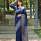 Vishnu Weaves Women's Blue Handloom Raw Silk Woven Border Saree with Unstitched Blouse - Swadesiicart