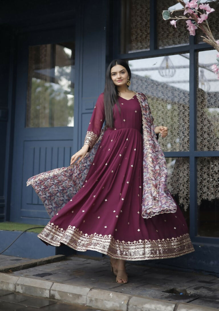 Jyoti Fashion Women's Wine Faux Blooming Sequins with Zari Embroidery Anarkali Dress with Dupatta | Swadesiicart