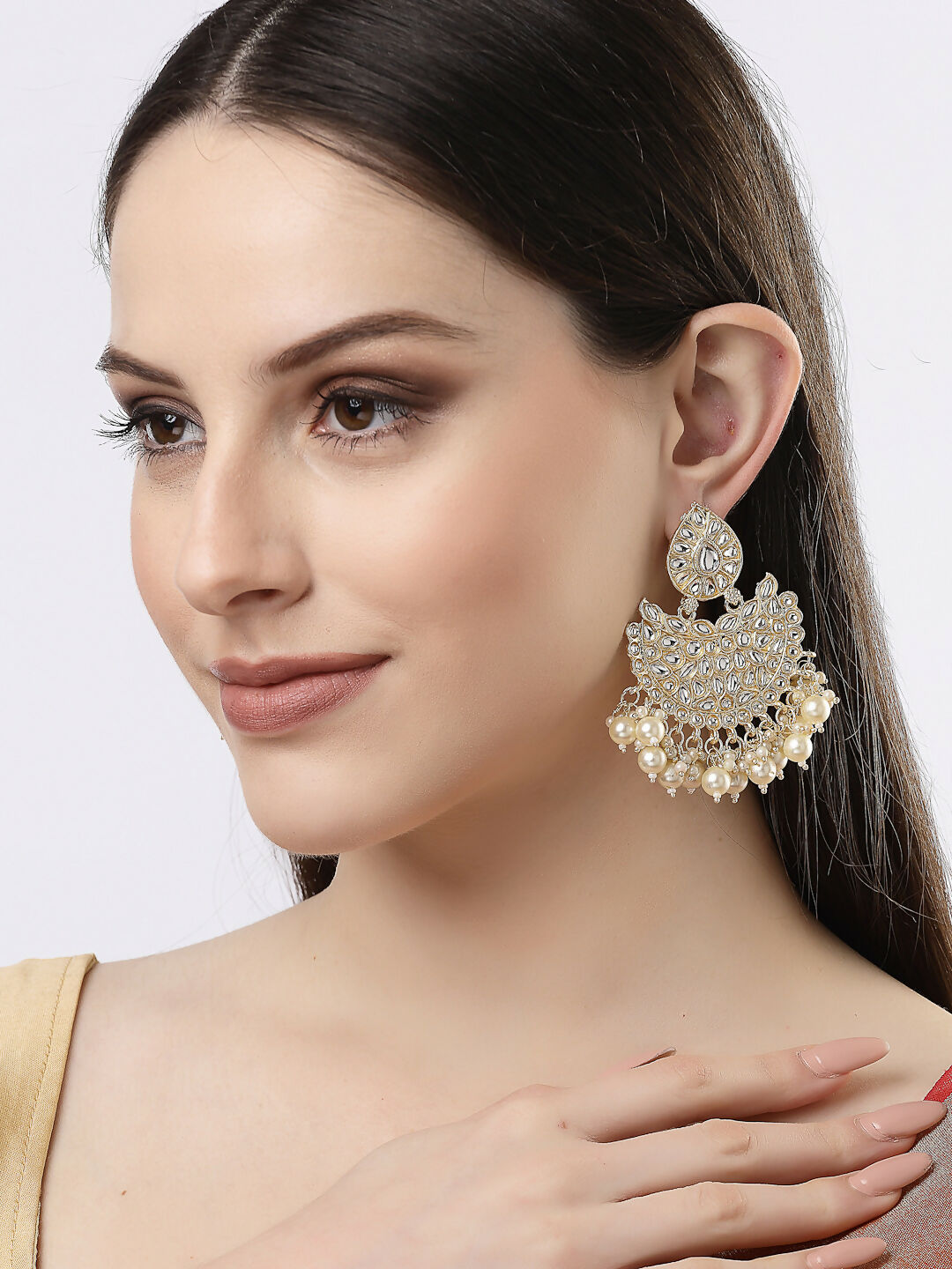 NVR Women Gold-Polished Kundan Chandbali Earrings | Swadesiicart