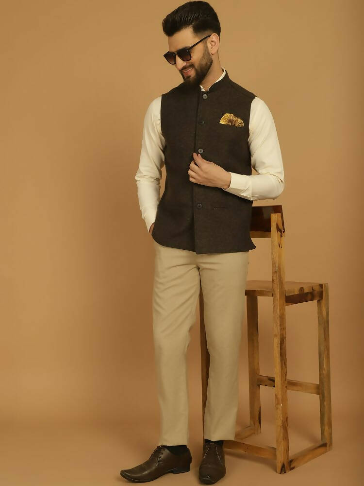 Even Apparels Pure Wool Nehru Jacket - Brown | Swadesiicart