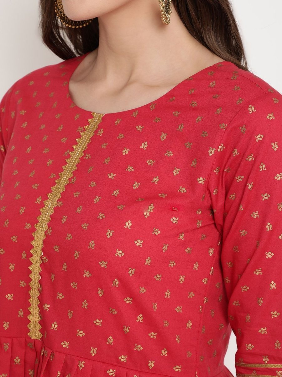 Ahalyaa Women's Red Cotton Gold Print Kurta Sharara Set | Swadesiicart