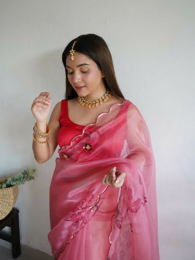 Vamsee Mudra Pink Organza Saree - Swadesiicart