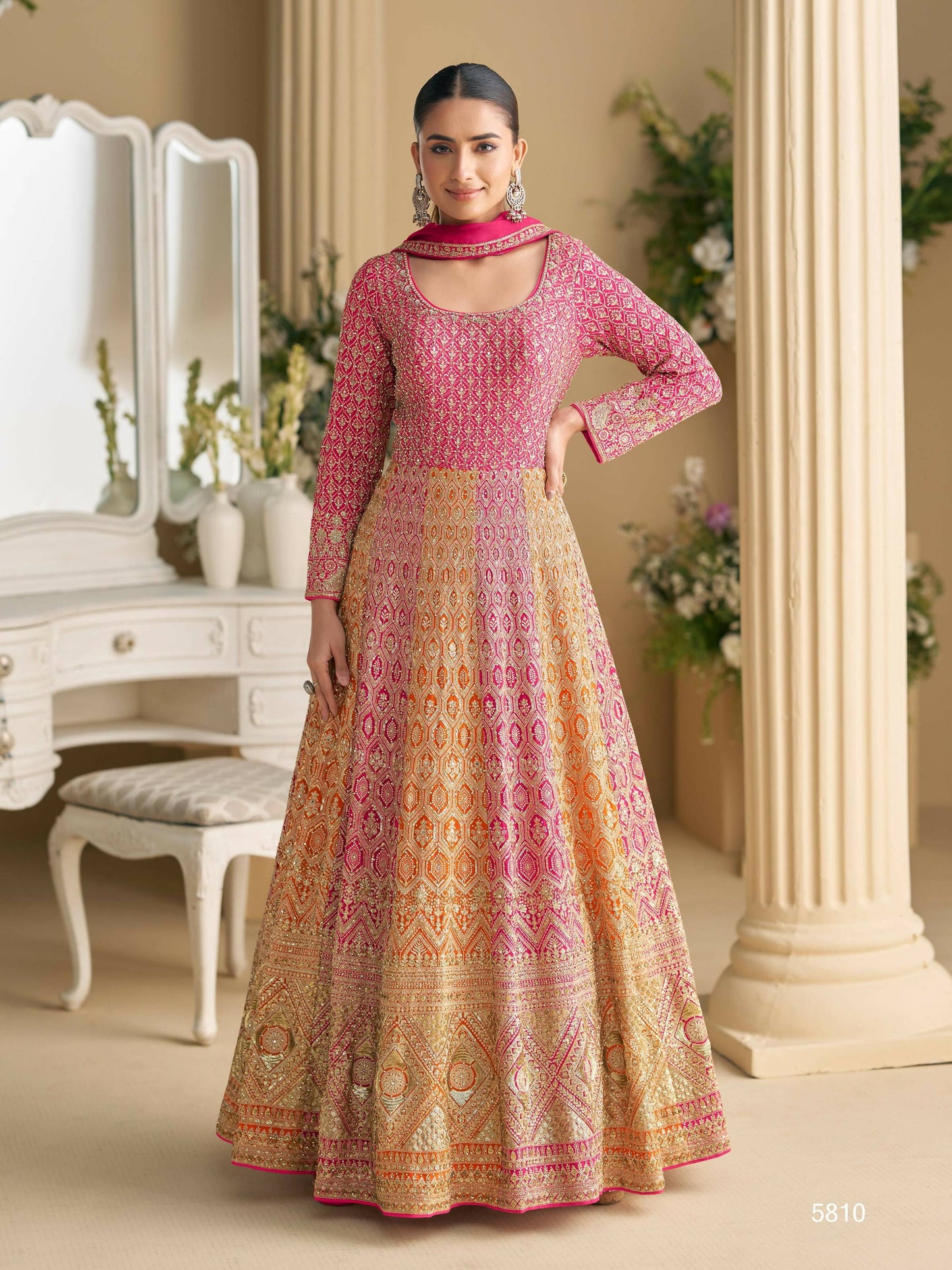 Anaita Peach Georgette Readymade Anarkali Suit with Embroidery Zarkan Work (Free Size)