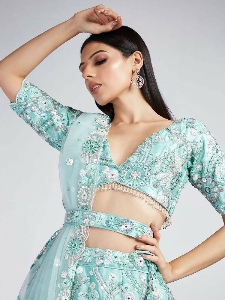 House of Panchhi Turquoise Blue Organza Sequins, Zarkan And Thread Embroidery Lehenga Choli & Dupatta | Swadesiicart
