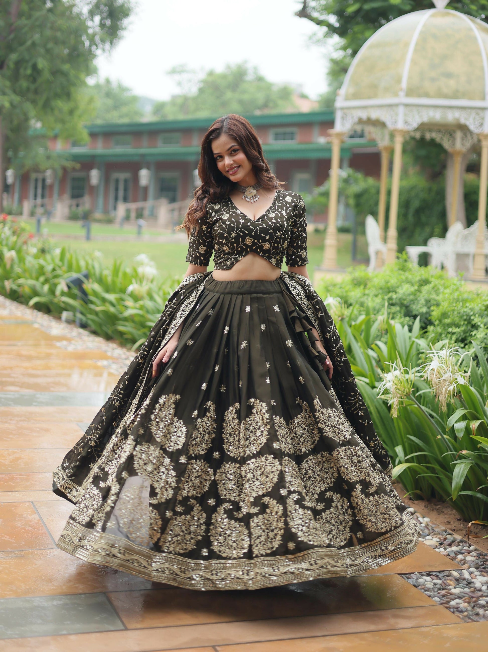 Lorenvalley Mahendi Rangoli Silk Heavy Sequins & Thread Embroidered work Lehenga Choli | Swadesiicart