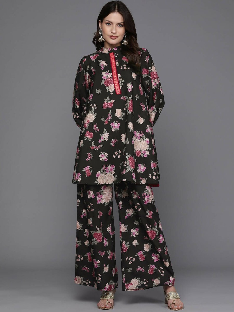 Ahalyaa Women Floral Printed Tunic with Palazzos - Black Color | Swadesiicart