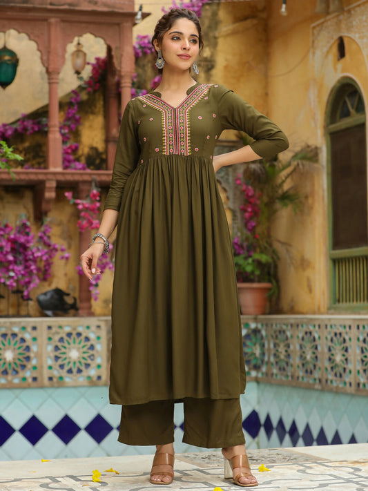 Janasya Olive Rayon Embroidered Kurta & Bottom | Swadesiicart