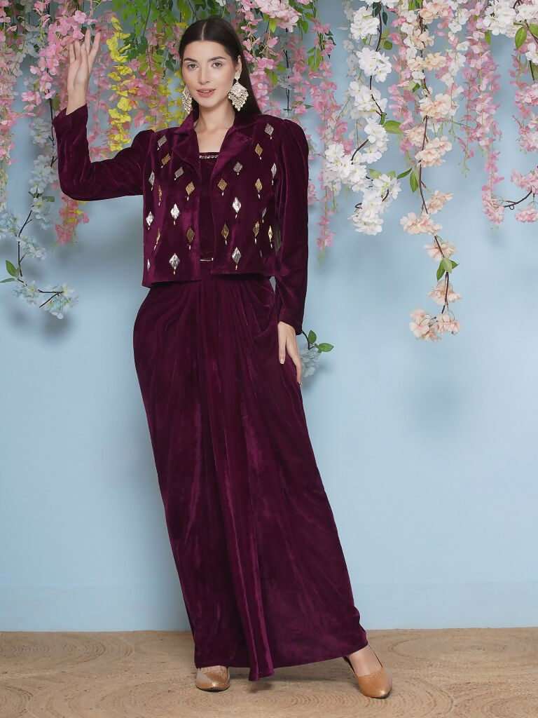 Joban Fashion Wine Hand Embellished Jacket with inner and skirt - Swadesiicart