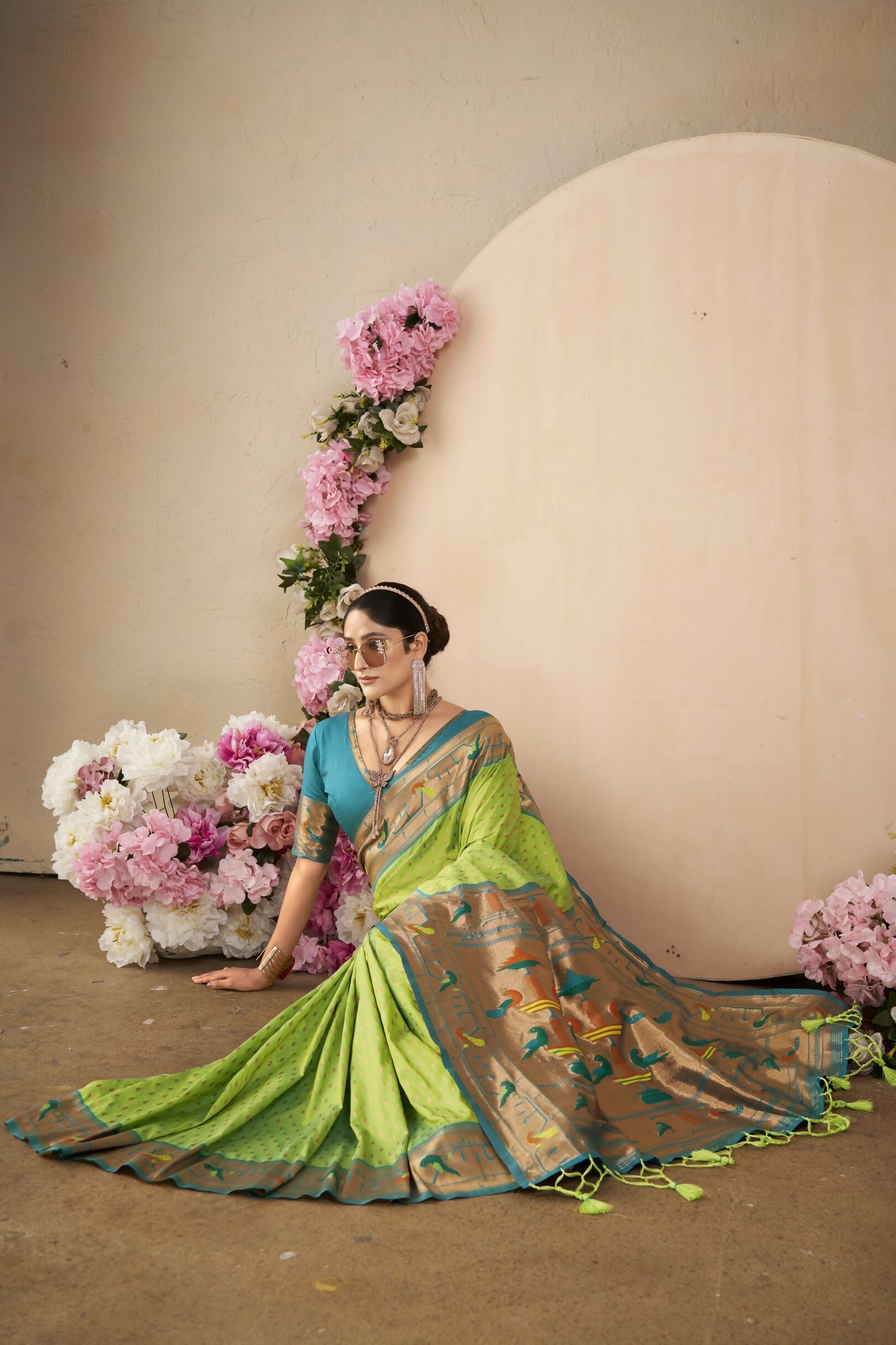 Vishnu Weaves Women's Pista Paithani Silk Saree with Blouse - Swadesiicart