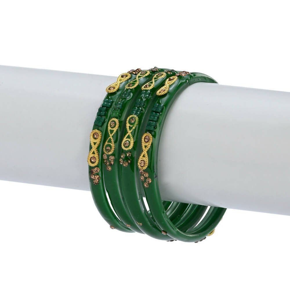 Afast Designer Fancy Party Bangle/ Kada Set, Green, Glass, Pack Of 4 - Swadesiicart