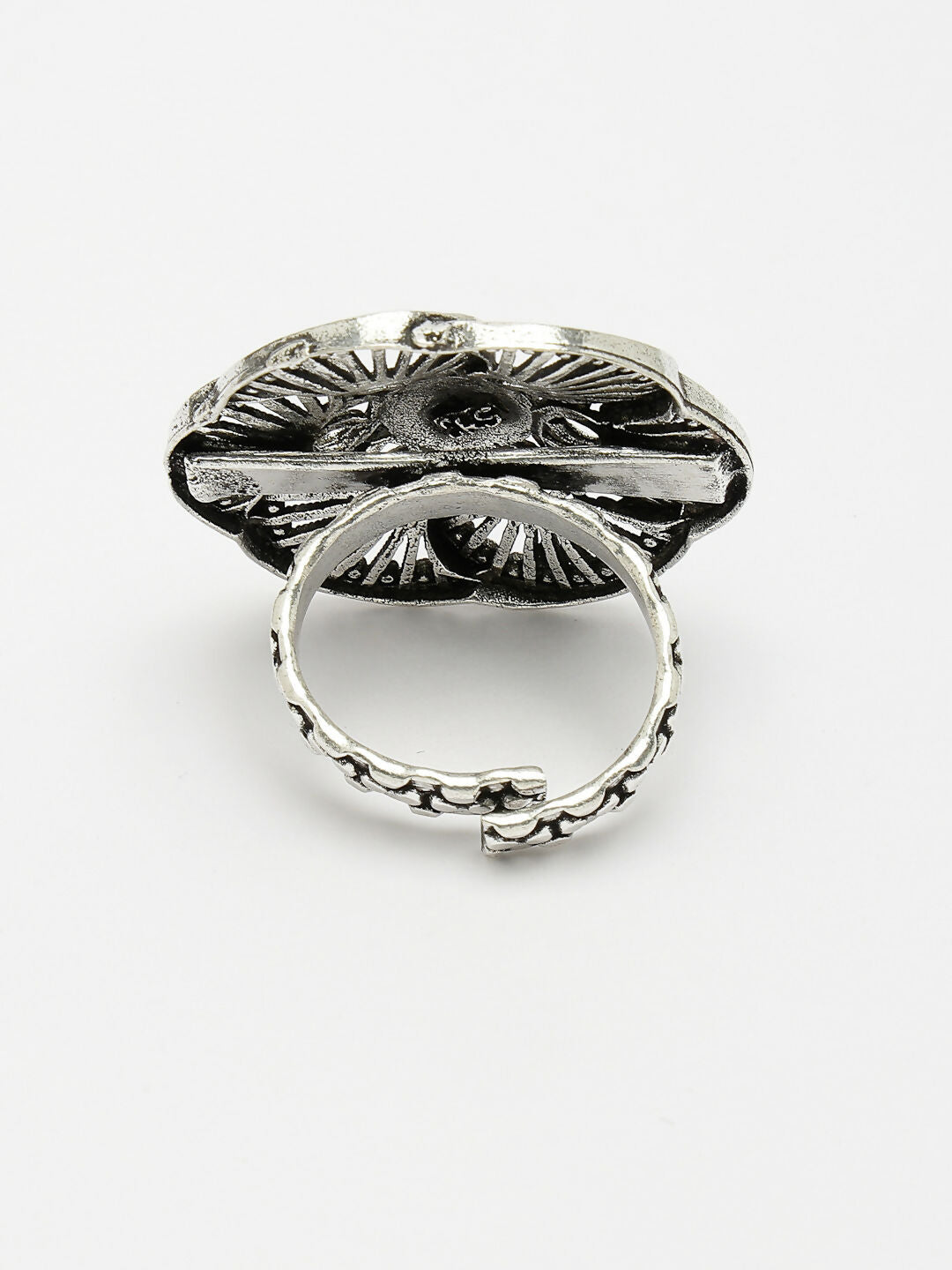 NVR Women's Silver-Toned Floral Shape Adjustable Finger Ring | Swadesiicart