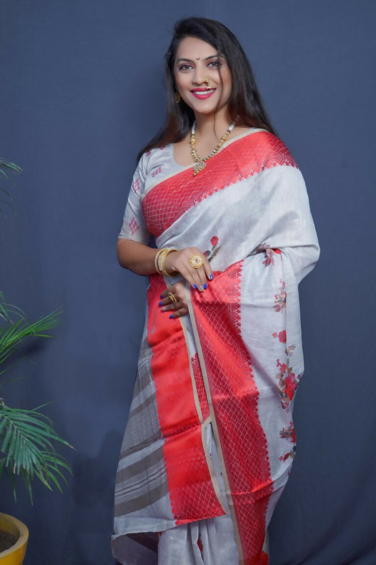 Jyoti Fashion Women's Maroon Linen Silk Digital Print with Jacquard Woven Border Saree with Blouse | Swadesiicart