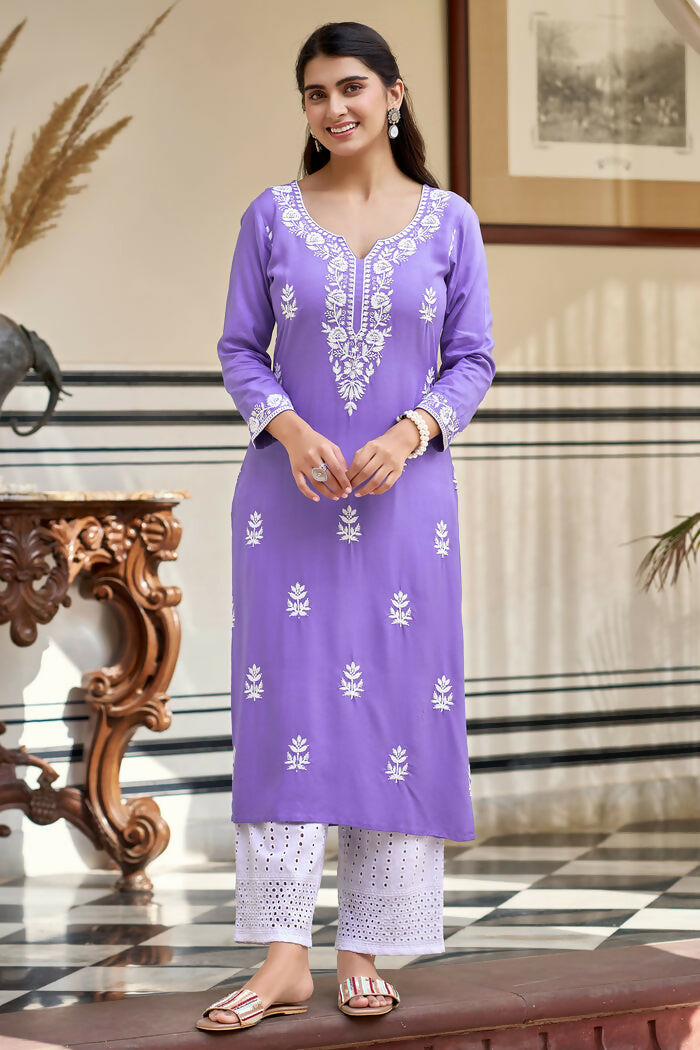 The52 Lavender Women's Gorgeous Chikankari work Pure Rayon Fabric Straight Kurta, Pant Set - Swadesiicart