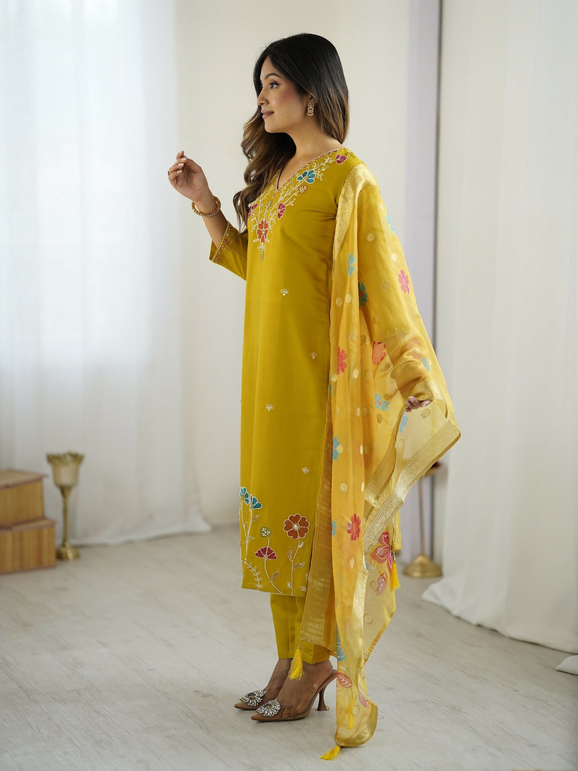 The52 Yellow Women's Gorgeous Embroidered work Viscose Gadhwal Fabric Straight Kurta, Pant and Dupatta Set - Swadesiicart
