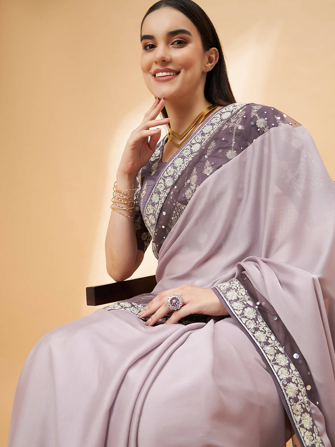 Mauve Silk Georgette Ribbon Embroidery Saree - Norita Hit Design - Swadesiicart