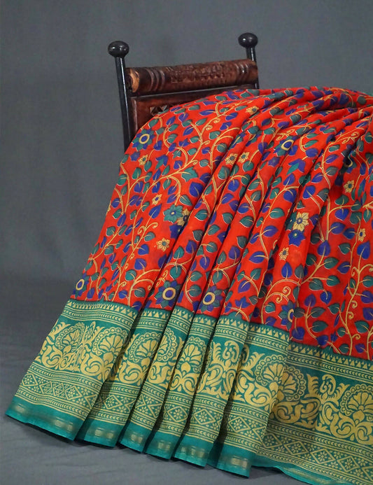 Multi Shades Of Tomato Red Kalamkaari Design Semi Chanderi Saree With Contrast Blouse By Gayathri Reddy Designer Studio | Swadesiicart