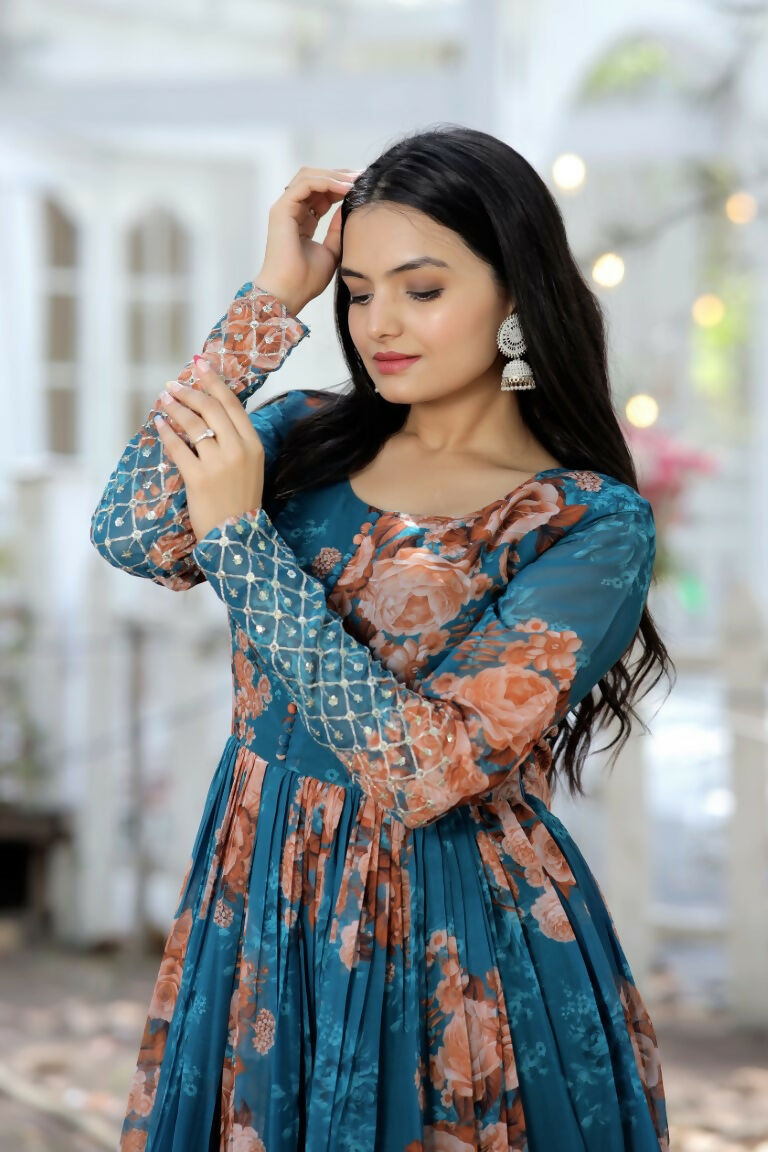 Jyoti Fashion Women's Teal Sequence Zari Embroidered Faux Georgette Anarkali Dress | Swadesiicart