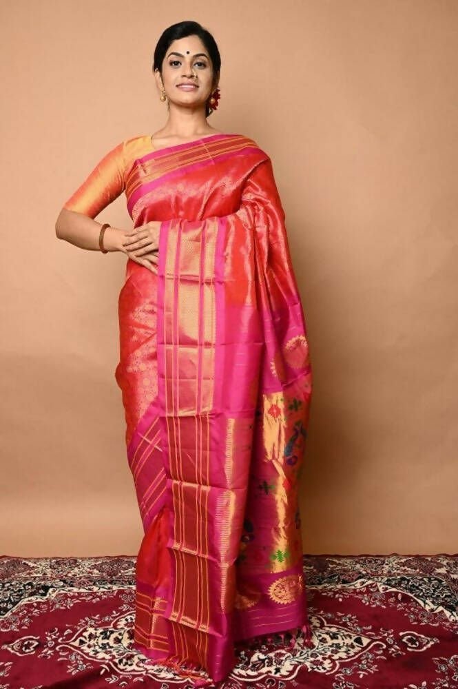 Very Much Indian Silk Handloom Maharani Paithani Complete Brocade Work Throughout Saree Peach Pink | Swadesiicart