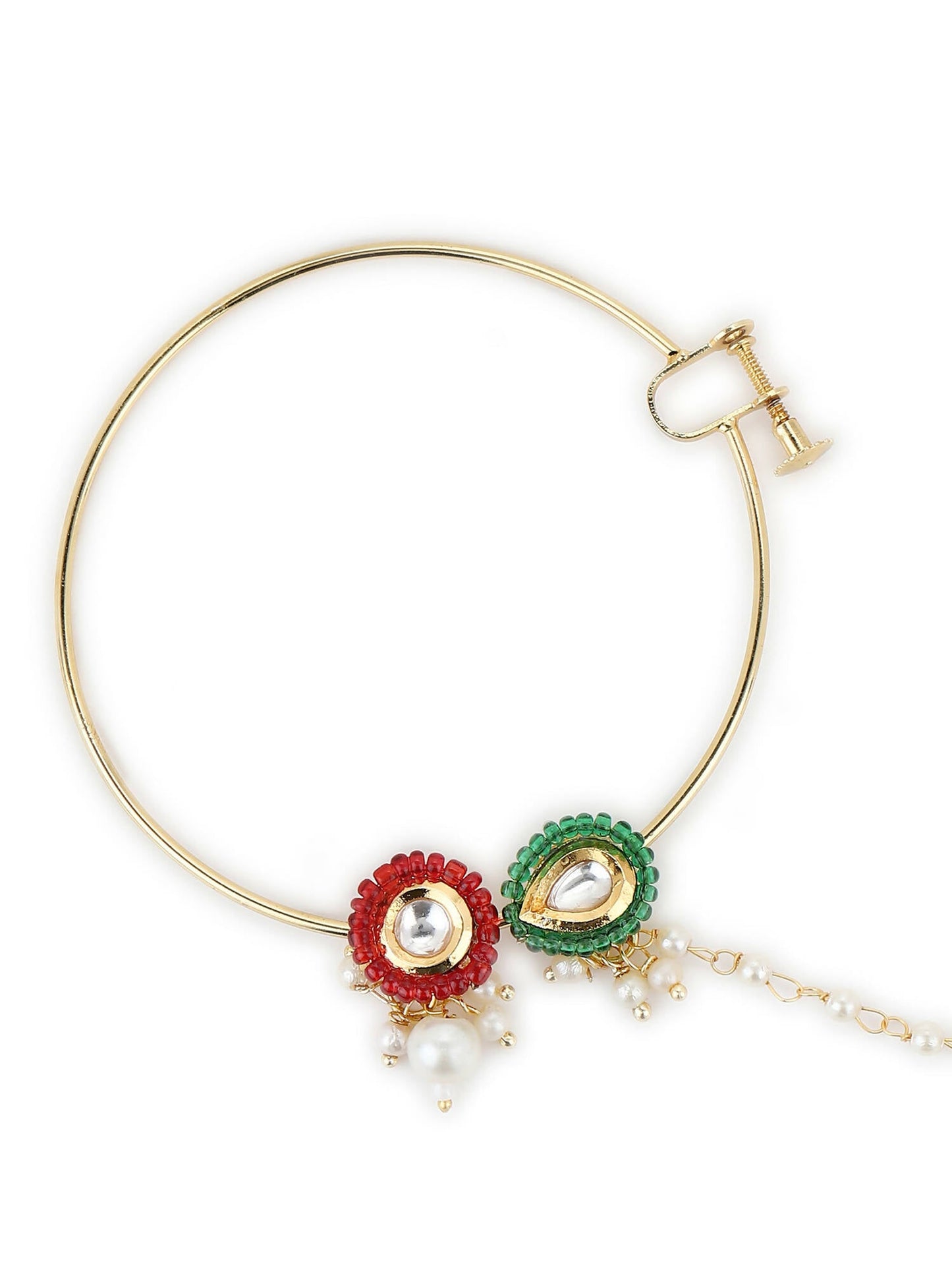 Gold-Polished White Red Stone-Studded Pearl Beaded Nosepin - Ruby Raang | Swadesiicart