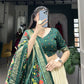 Lorenvalley Offwhite and Green Tussar Silk Patola Print Lehenga Choli | Swadesiicart